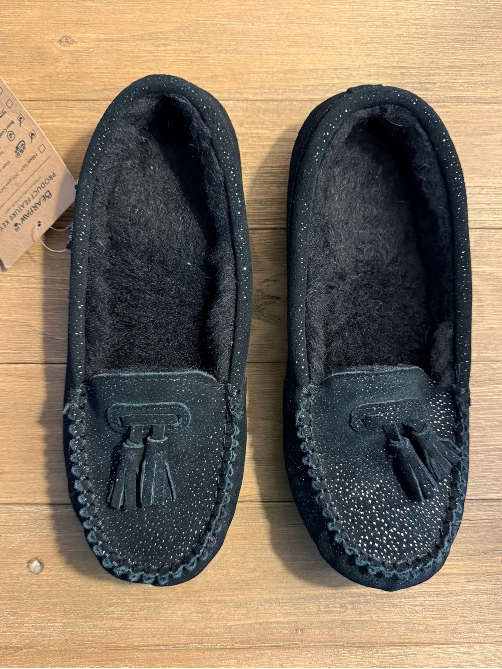 BEARPAW Women's Lucky Moccasin Black Glitter Suede 7W NEW